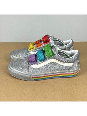 Vans x Flour Shop Rainbow Glitter Sneakers Womens 7 Silver Hook and Loop Straps
